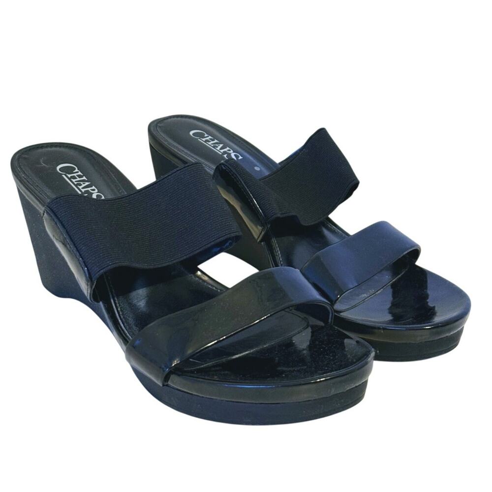 Chaps Womens Chunky Wedge Slide Sandals 8.5 Black Retro Resort Event Classic